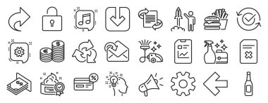 Megaphone, Sil dosyası, Paylaşım simgeleri gibi satır simgeleri. Rapor belgesi, elektrik süpürgesi, proje tabelaları. Para birimi, ATM parası, belge yükleme. Bira, pazarlama, geri dönüşüm. - Burger. Vektör