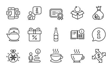 Satır simgeleri ayarlandı. Cappuccino, Teapot, Cash tabelaları gibi ikonlar da var. Kahve, Noel balosu, ödeme sembolleri. Sertifika, talimat bilgileri, bira şişesi. Paket satırı simgelerini geri ver. Vektör