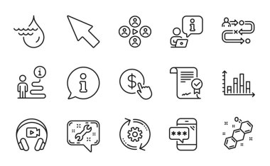 Teknoloji simgeleri ayarlandı. Kulaklık, Spanner, Fare imleç işaretleri olarak simge içerir. Seyahat yolu, telefon şifresi, onaylanmış anlaşma sembolleri. Çark, para birimi, diyagram grafik çizelgesi simgeleri. Vektör