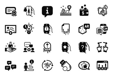 Kurtarma dosyası, araştırma sonuçları ve lunapark treni simgeleriyle ilgili Vektör Teknoloji Dizisi simgeleri. Rüzgar enerjisi, sunuma başla ve yıldız işaretleri. Sohbet mesajları, Sertifika ve Kilitli Uygulama. Vektör