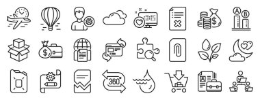 Arama yapbozu, hava balonu, destek ikonları gibi iş simgeleri. Çarklı plan, eklenti, bulutlu hava işaretleri. Dosyayı reddet, Kalp, Alışveriş. Aşk gecesi, paketleme kutuları. Vektör