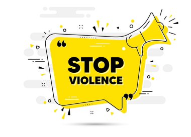 Şiddet mesajını durdur. Sarı megafon sohbet balonu arka planı. Protesto protestosu alıntısı. Devrim eylemcisi sloganı. Şiddeti durdurun. Hoparlörden mesaj bırakın. Megafon geçmişini uyarın. Vektör