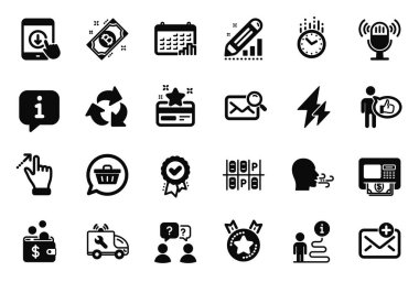 Park yeri ile ilgili vektör kümesi teknoloji simgeleri, onaylanmış ödül ve dokunmatik ekran jest simgeleri. Kıdemli yıldız, nefes egzersizi ve araba servisi tabelaları. Bitcoin, ATM ve Yeni Posta. Vektör