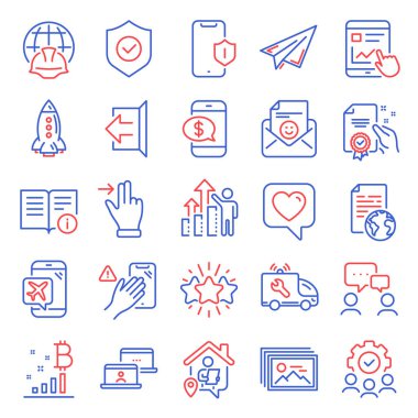 Teknoloji simgeleri ayarlandı. Çalışan sonuçları, telefon ödemeleri, resim galerisi tabelaları gibi simgeleri de içeriyor. Sertifika, dokunmatik ekran jesti, kağıt uçak sembolleri. Küresel mühendislik, uçuş modu, yıldız. Vektör