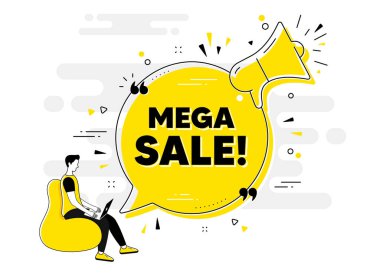 Mega-Sale metni. Kullanıcı ile megafon sohbet afişini uyar. Özel fiyat tabelası. Reklam indirimi sembolü. Mega satış sohbet mesajı hoparlörü. Megafoncuları uyarın. Vektör