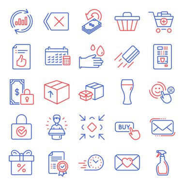 Satır simgeleri ayarlandı. Onaylanmış belge olarak simge, marka elçisi, lastik eldiven işaretleri dahil. Kredi kartı, sprey, sertifika sembolleri. Müşteri memnuniyeti, ürün ekleme, özel ödeme. Vektör