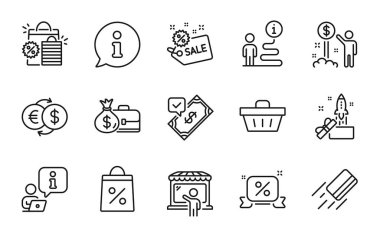 Finans simgeleri ayarlandı. Kabul edilmiş ödeme, para değişimi, piyasa satıcı tabelaları gibi simgeler de dahil. Kredi kartı, İndirim kurdelesi, alışveriş torbası sembolleri. Gelir parası, maaş, alışveriş sepeti. Satılık. Vektör