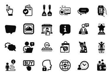 Noktalar iletisi, Dokunmatik Ekran jesti ve Restoran uygulama simgeleriyle ilgili iş simgeleri. Mikroskop, indirimli çantalar ve Global sigorta tabelaları. Kilit açma sistemi, Kalp ve Zaman yönetimi. Vektör