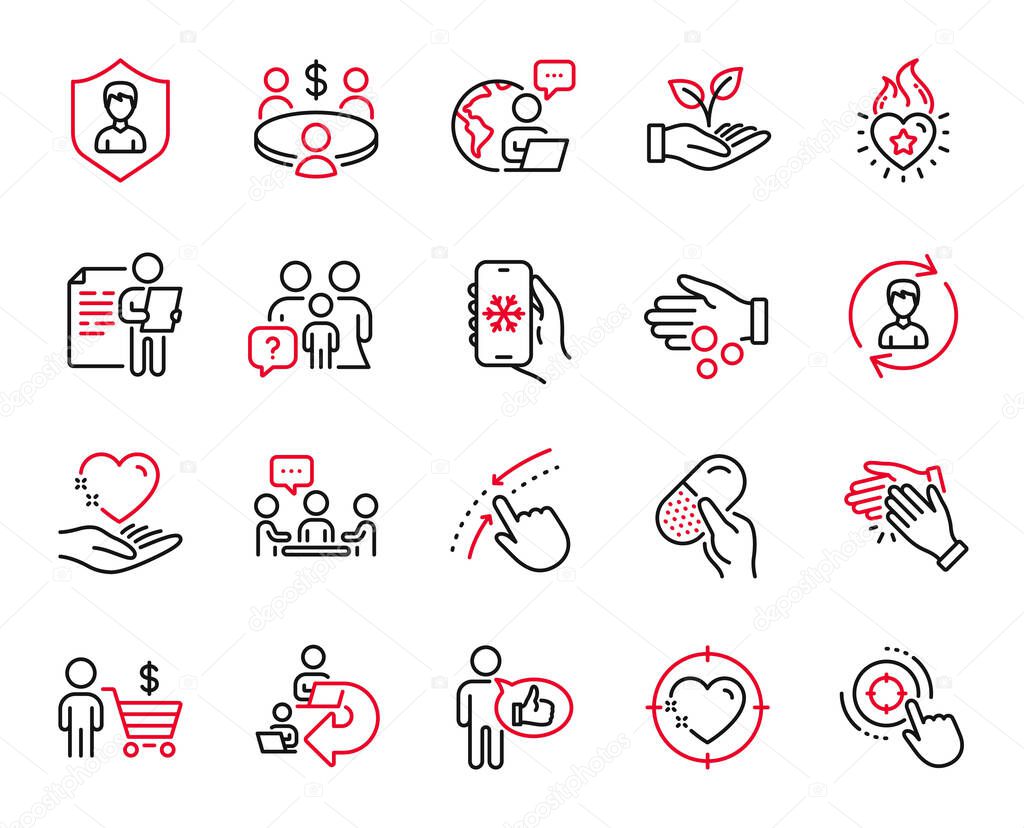 Vector Set of People icons related to Helping hand, Heart target and Swipe up icons. Seo target, Delegate work and Human resources signs. People chatting, Security agency and Like. Meeting. Vector