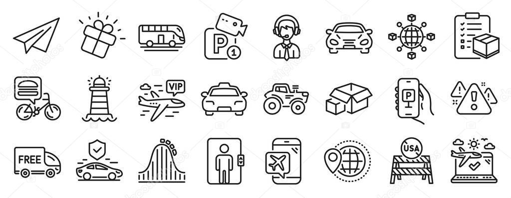 Set of Transportation icons, such as Parking security, Tractor, Shipping support icons. Gift, Lighthouse, Roller coaster signs. Flight mode, Elevator, Logistics network. Bus tour, Car. Vector