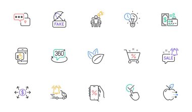 İşaretli kutucuk, Mobil gibi ve web sitesi, yazdırma için sahte haber hattı simgeleri. Yiyecek koleksiyonu, organik ürün, yüzde ikonlar. Dolar değişimi, terfi zili. Vektör