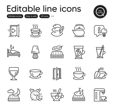 İç mekan taslak simgeleri kümesi. Gece yatağı, çay fincanı ve Espresso elementleri gibi ikonlar içerir. Giriş, Yatak, Lamba Ağı İşaretleri. Açık kapı, uyku, çay fincanı elementleri. Çaydanlık. Vektör