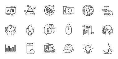 Piramit grafiği, hava vantilatörü ve web uygulaması için ampul hattı simgeleri. Konuşma, bilgi, teslimat kamyonu taslak ikonu. Hasta Adam, Belgeler, Kurtarma telefonları ikonları dahil. Vektör