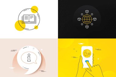 Minimum Lojistik Ağı, Eğitim ve Bilgi Çizgisi simgeleri kümesi. Telefon ekranı, tırnak işareti. Soru baloncukları ikonlar. Web gelişimi için. Vektör