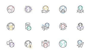 Dünya iş dünyası simgeleri ayarlandı. Finansal işlemler, çeviri dili, dış kaynak işleri. Uluslararası organizasyon, küresel hukuk, dünya haritası simgeleri. Teslimat servisi, küresel dış kaynak. Vektör