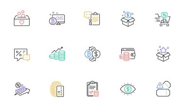 Cüzdan parası, Bitcoin sistemi ve internet sitesi ve baskı için hesap listesi simgeleri. İndirim arabası tahsilatı, posta paketi, büyüme çizelgesi simgeleri. Bağış, indirim. Vektör