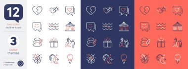 Gülen surat, Havai fişekler ve dondurma çizgisi ikonları. Kırık kalp, sirk çadırı, kalp simgeleri dahil. Özel teklif, yaratıcılık, uyku ağı unsurları. Dalgalar, Aşk Mesajı, Yastık. Sohbet. Vektör