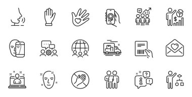 Aşk mektubunun ana hatları, Global Business and Health cilt çizgisi simgeleri web uygulaması için. Konuşma, bilgi, teslimat kamyonu taslak ikonu. Anket, El, Ödül uygulama simgeleri dahil. Vektör