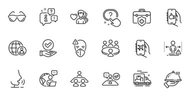 Web uygulaması için tıbbi maske, Buluşma ve Gözlük Çizgisi simgeleri. Konuşma, bilgi, teslimat kamyonu taslak ikonu. İş görüşmesi, restoran yemekleri, uçuş modu ikonları dahil. Vektör