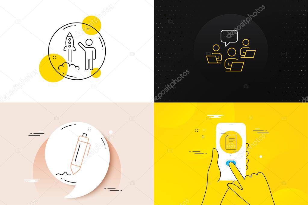 Minimal set of Signature, Launch project and Approved document line icons. Phone screen, Quote banners. Teamwork icons. For web development. Written pen, Business innovation, Verification file. Vector