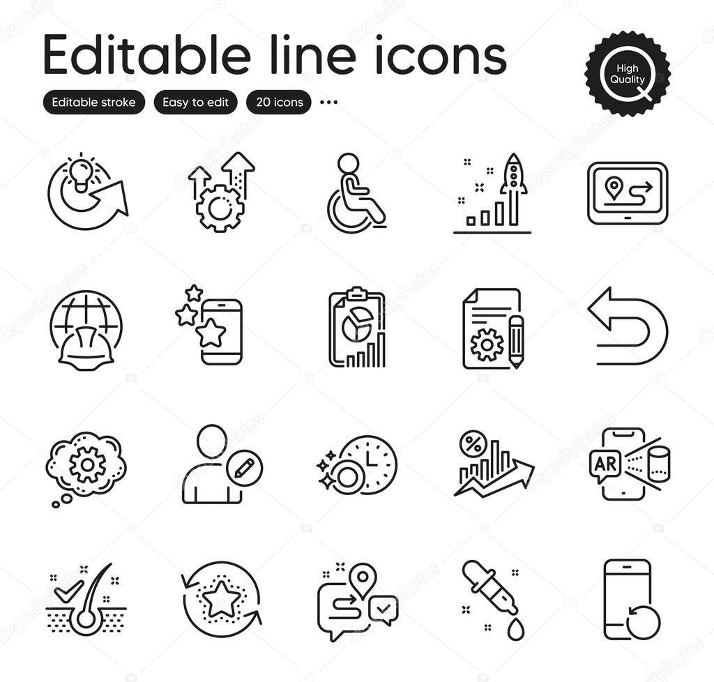 Set of Technology outline icons. Contains icons as Development plan, Journey and Loan percent elements. Report, Seo gear, Global engineering web signs. Best app, Undo. Vector