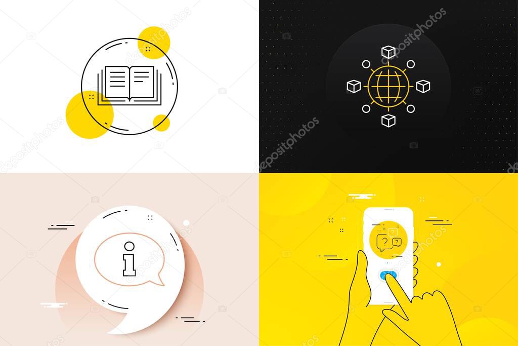 Minimal set of Logistics network, Education and Information line icons. Phone screen, Quote banners. Question bubbles icons. For web development. Vector