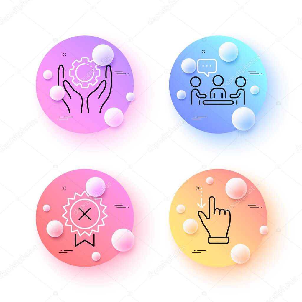 People chatting, Employee hand and Reject medal minimal line icons. 3d spheres or balls buttons. Touchscreen gesture icons. For web, application, printing. Vector