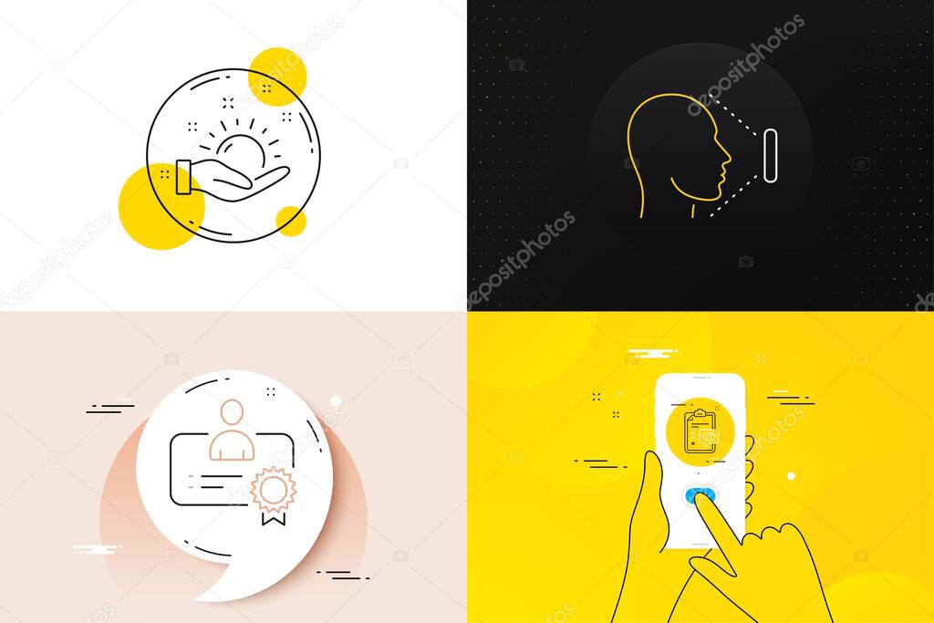 Minimal set of Sunny weather, Eye checklist and Certificate line icons. Phone screen, Quote banners. Face id icons. For web development. Hold sun, Optometry, Best employee. Vector