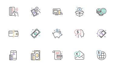 Para ödeme çizgisi simgeleri. Banka havalesi, Piggy Bankası ve Kredi kartı. Nakit doğrusal simge seti. İki renkli ağ elementleri. Vektör