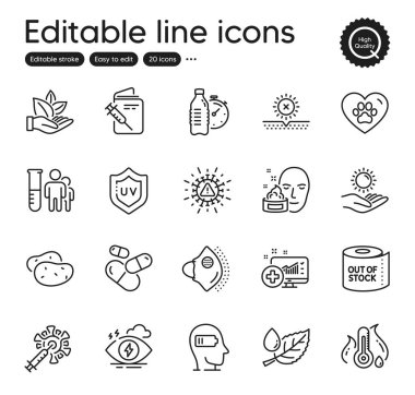 Sağlık hizmetlerinin ana hatları simgeleri. Güneş yok, tıbbi analiz ve stres elementleri gibi ikonlar içeriyor. Patates, tıbbi maske, tuvalet kağıdı web tabelaları. Organik ürün, Yaprak çiğ. Güneş ikonu yok. Vektör