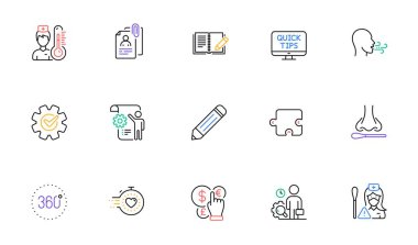 Zamanlayıcı, 360 derece ve Ayarlar web sitesi, yazdırma için plan çizelgesi simgeleri. Denetim Koleksiyonu, Röportaj belgeleri, çark simgeleri. Geribildirim, burun testi, termometre ağ elementleri. Vektör