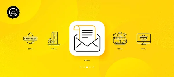 巴士旅行和邮件通讯最小行图标 黄色的抽象背景 建筑物 手洗图标 用于网络 购物车 打开电子邮件 — 图库矢量图片