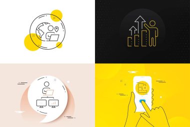 En az sayıda dış kaynak işi, Kart ve İş ev hattı simgeleri. Telefon ekranı, tırnak işareti. Çalışan sonuç simgeleri. Web gelişimi için. Uzaktan çalışan, banka ödemesi, çizelge. Vektör
