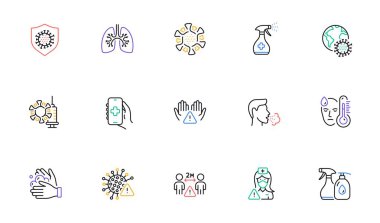 Coronavirus çizgisi simgeleri. Tıbbi maske, ellerini yıkama, Corona Virüsü belirtileri. Sosyal Mesafe, El Dezenfektanı, Yüz maskesi çizgisi simgeleri. Covid-19 salgını, akciğer hastalığı, koronavirüs hijyeni. Vektör