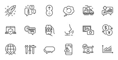 Web uygulaması için ana hatlı uygulama, Messenger ve Photo kamera çizgisi simgeleri. Konuşma, bilgi, teslimat kamyonu taslak ikonu. Uyarı iletisini, Grafiği, Çevrimiçi erişim simgelerini dahil et. Vektör