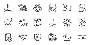 Reddedilme koruması taslağı, Noel Baba çuvalı ve web uygulaması için sigorta poliçesi simgeleri. Konuşma, bilgi, teslimat kamyonu taslak ikonu. Vektör