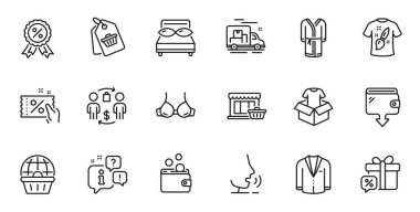 Web uygulaması için Suit, Cüzdan ve İndirimli Madalya Çizgisi taslak setleri. Konuşma, bilgi, teslimat kamyonu taslak ikonu. Giysiler, online alışveriş, bornoz ikonları dahil. Vektör