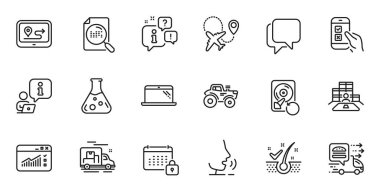 Web uygulaması için arama dosyası, web trafiği ve uçak hattı simgelerinin ana hatları. Konuşma, bilgi, teslimat kamyonu taslak ikonu. Kepek tanecikleri, envanter, takvim simgeleri dahil. Vektör