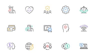 Ücret, Mühendislik ekibi ve sertifika hattı simgeleri web sitesi, baskı için. Halk sigortası tahsilatı, telefon görüşmesi, gülen yüz ikonları. Müzik telefonu, Wifi, işe alım web elementleri. Vektör