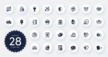 İş ikonları, Arena Stadyumu, Kahve ve Çalışan apartman simgeleri gibi. Diş sigortası, dondurma, reddedilmiş ödeme web elementleri. Kurtarma verileri, Bitcoin, sıralama işaretleri. Çember düğmeleri. Vektör