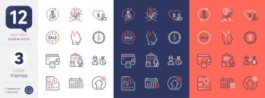 Takvim, Stres ve Cüzdan çizgisi simgeleri. Kart, gönüllü, dolar hedef simgeleri dahil. Muhasebe, kredi, indirimli internet elemanları. Bitcoin projesi, para değişimi, Sallary. Vektör