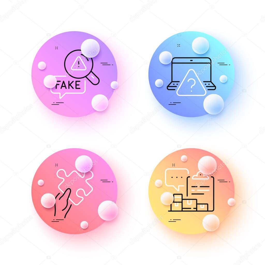 Puzzle, Fake news and Inventory report minimal line icons. 3d spheres or balls buttons. Online question icons. For web, application, printing. Jigsaw game, Check wrong fact, Warehouse control. Vector