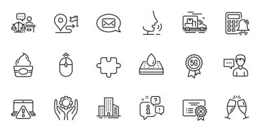 Web uygulaması için İnsan Konuşmaları, Çevrimiçi Uyarı ve Dondurma Hattı simgeleri. Konuşma, bilgi, teslimat kamyonu taslak ikonu. Messenger, 5G teknolojisi, simgeleri kaldır. Vektör