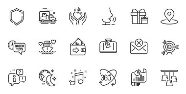 Web uygulaması için Hold Heart, Hedef ve Reddet posta hattı simgelerinin ana hatları. Konuşma, bilgi, teslimat kamyonu taslak ikonu. Full rotation, Hand bagaj, müzikal nota simgeleri dahil. Vektör