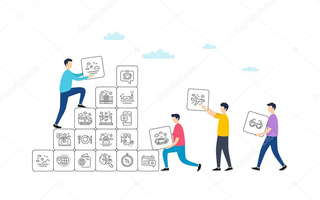Travel line icons. People team work concept. Passport, Luggage, Check in airport icons. Airplane flight, Sunglasses, Hotel building. Passport check in document, Sea diving. Vector
