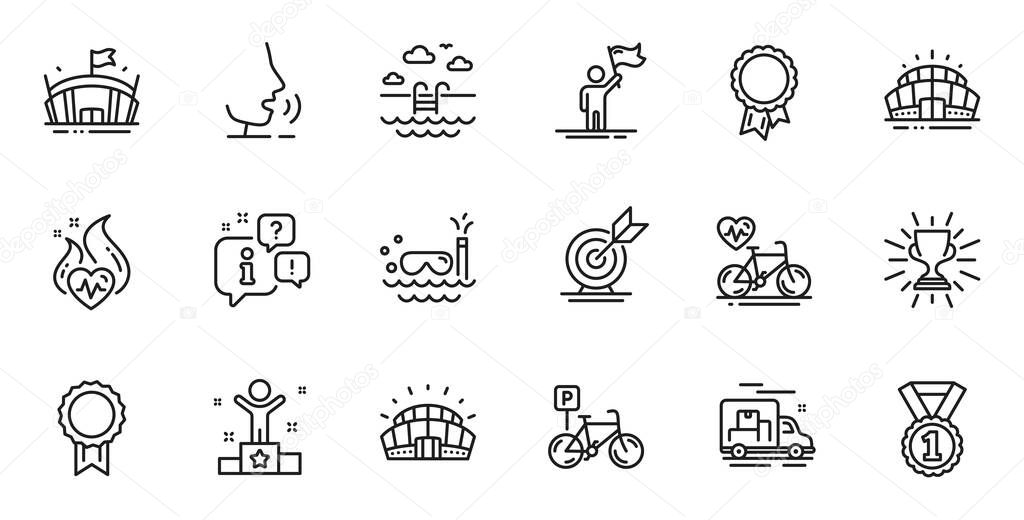 Outline set of Arena stadium, Scuba diving and Arena line icons for web application. Talk, information, delivery truck outline icon. Include Swimming pool, Best rank, Winner icons. Vector