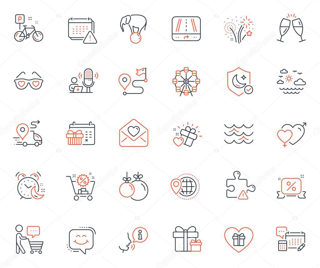 Holidays icons set. Included icon as Delivery, Guard and Gps web elements. Shopping cart, Bike, Christmas ball icons. Love glasses, Champagne glasses, Fireworks web signs. Waves, Alarm. Vector