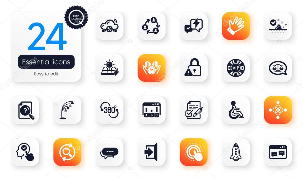 Set of Business flat icons. Survey results, Lightning bolt and Justice scales elements for web application. 5g cloud, Select user, Exit icons. Browser window, Teamwork, Inclusion elements. Vector