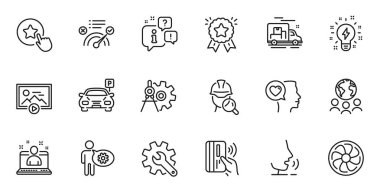 Başlangıç sunumunun ana hatları, Temassız ödeme ve web uygulaması için Sadakat yıldız çizgisi simgeleri. Konuşma, bilgi, teslimat kamyonu taslak ikonu. Vektör