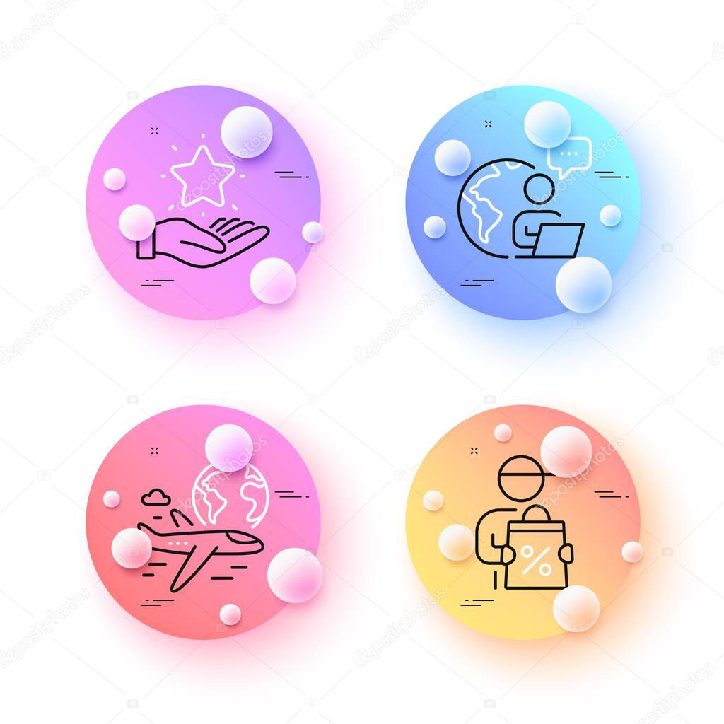 Delivery discount, Outsource work and International flight minimal line icons. 3d spheres or balls buttons. Loyalty program icons. For web, application, printing. Vector